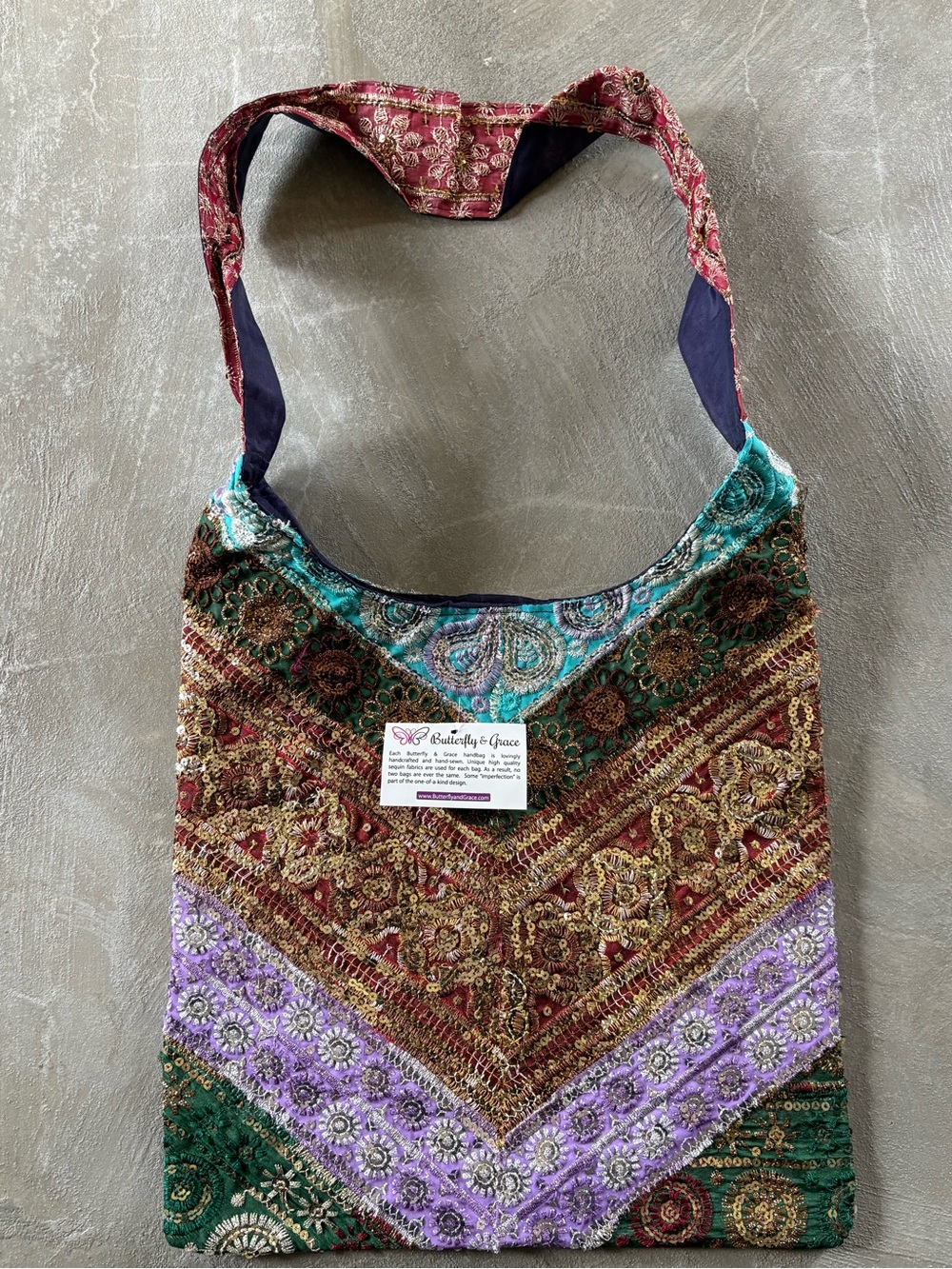 Butterfly & Grace Boho Shoulder Bag Recycled Indian Sari Silk Patchwork. NWT.